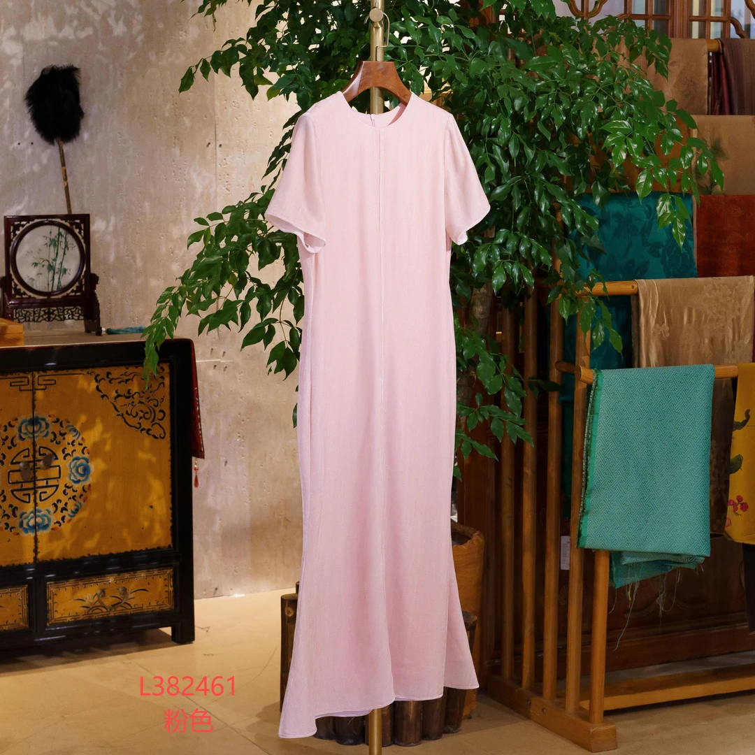 真丝丝绒新中式国风桑蚕丝圆领短袖鱼尾连衣裙L-382461