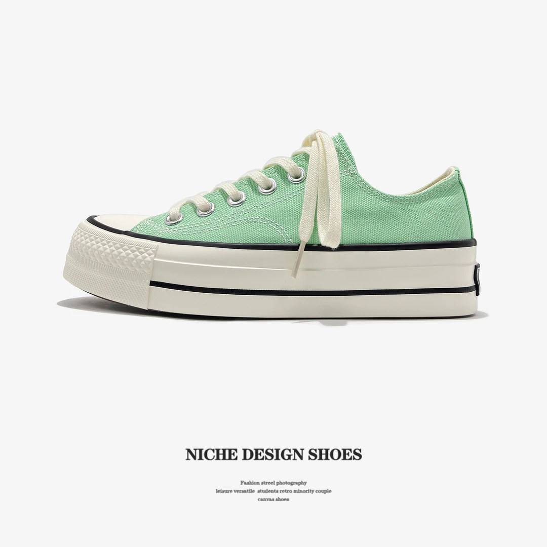 日系1970s湖水绿帆布鞋女厚底增高透气休闲鞋增高运动滑板鞋女