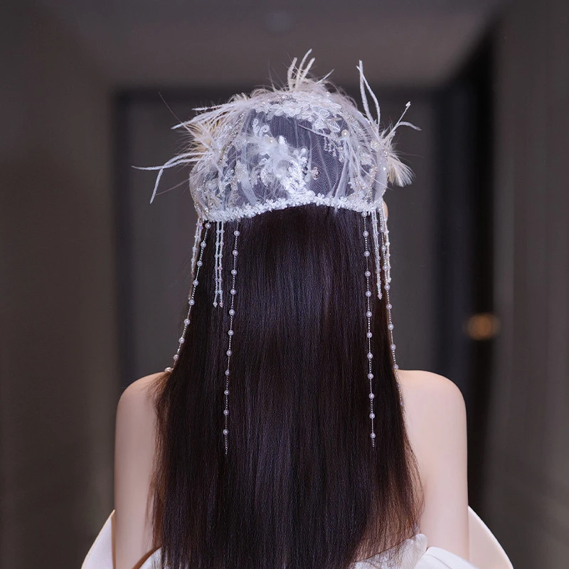 新娘头饰法式复古氛围感蕾丝羽毛串珠网纱样片帽纱创意婚纱发饰品