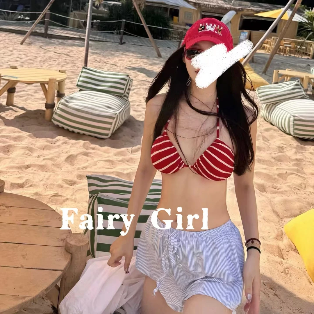 ZiRu裸感泳衣比基尼薄分体性感工字泳衣辣妹条纹短裤沙滩泳装