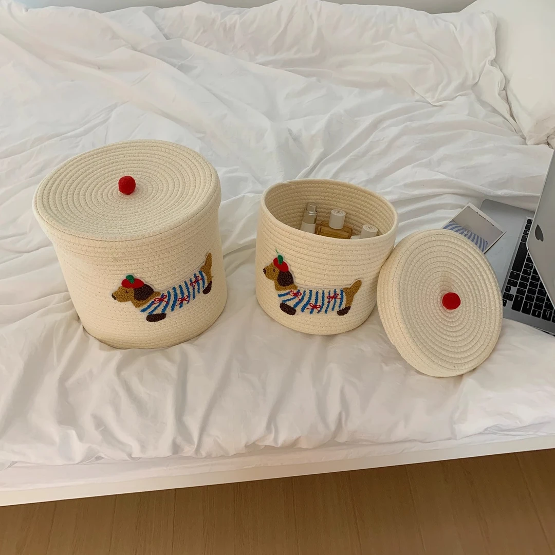 可爱小狗收纳筐编织棉线筐大容量带盖防尘收纳桶家用杂物收纳筐子