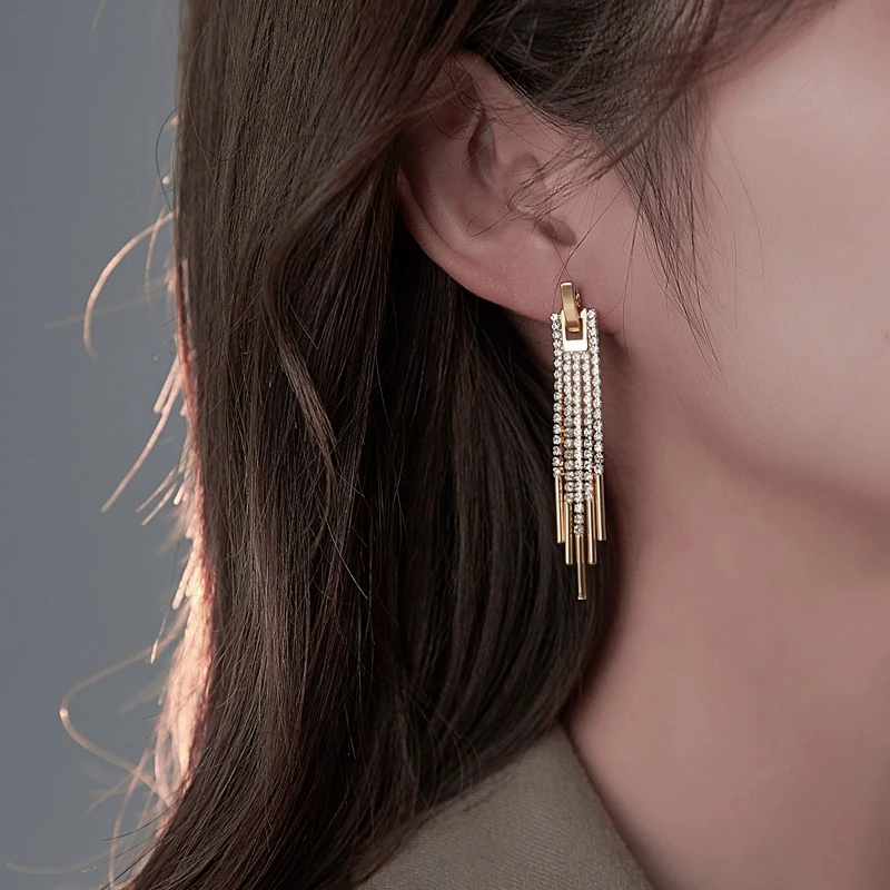 铜合金合成锆石耳饰无耳洞耳夹满锆微镶气质流苏显脸瘦个性优雅