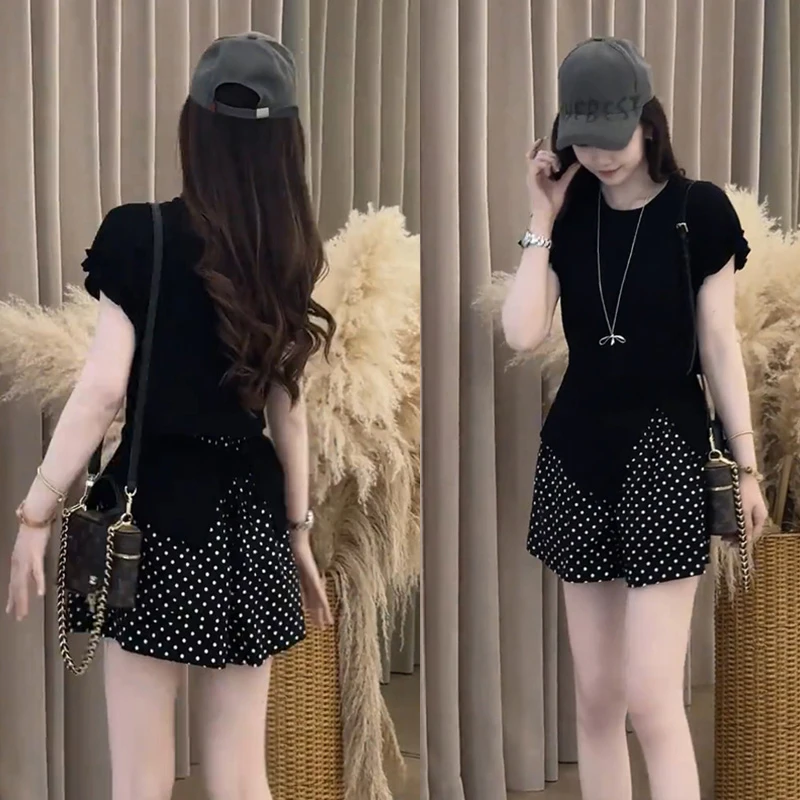 夏装搭配一整套韩系小个子收腰短袖T恤气质洋气减龄波点短裤套装