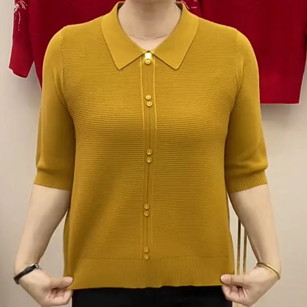 2025春季新款中年妈妈装时尚洋气纯色百搭针织上衣七分袖减龄上衣