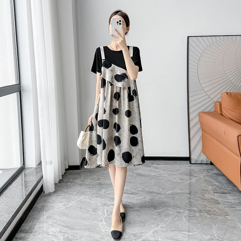 2025夏季新款大码宽松复古印花短袖假两件套装连衣裙雪纺吊带裙女