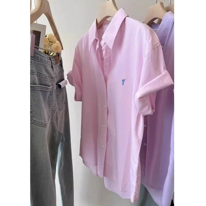 小马剌绣淡粉色短袖衬衫女夏季2025新款韩版纯棉白色衬衣宽松上衣