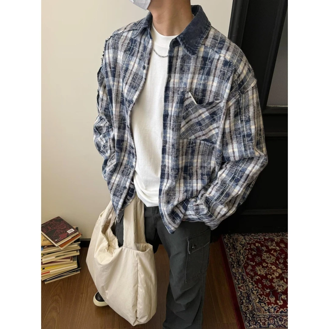 春秋季灯芯绒领口拼接美式复古做旧长袖衬衫男女小众休闲百搭衬衣