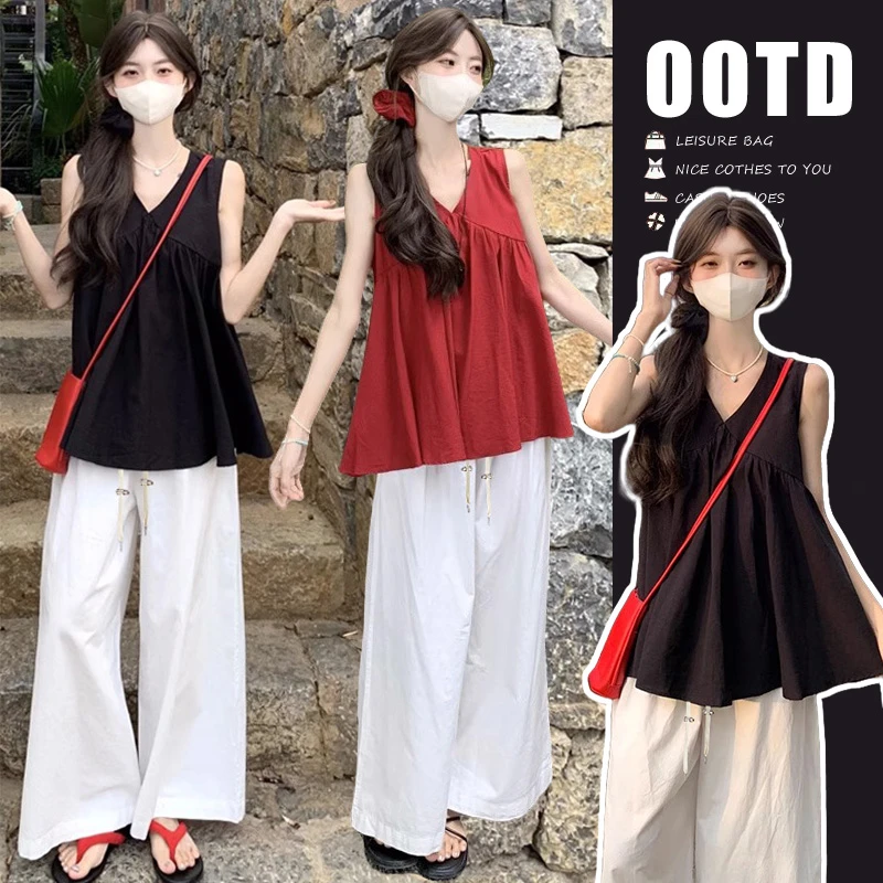 孕妇法式气质宽松显瘦夏季新款潮流高颜值无袖娃娃衫阔腿裤套装女