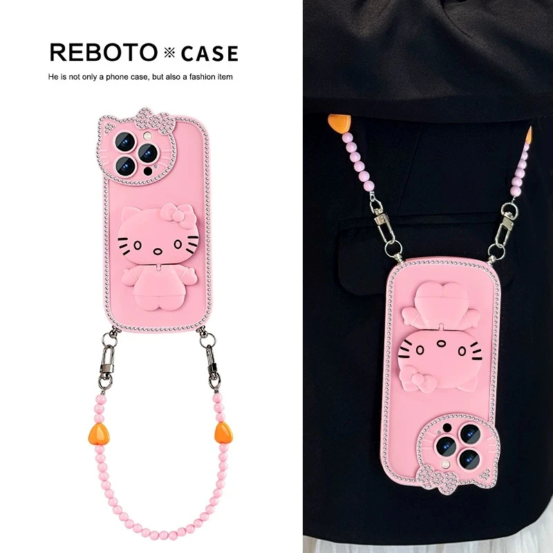 独特好看kt猫斜挎适用苹果16pro手机壳iphone15promax镜子支架14