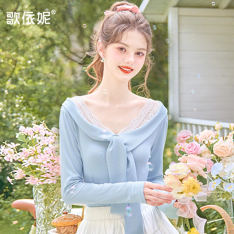 歌依妮2025秋季新款女甜美蓝色小个子大V领蕾丝长袖T恤打底衫上衣