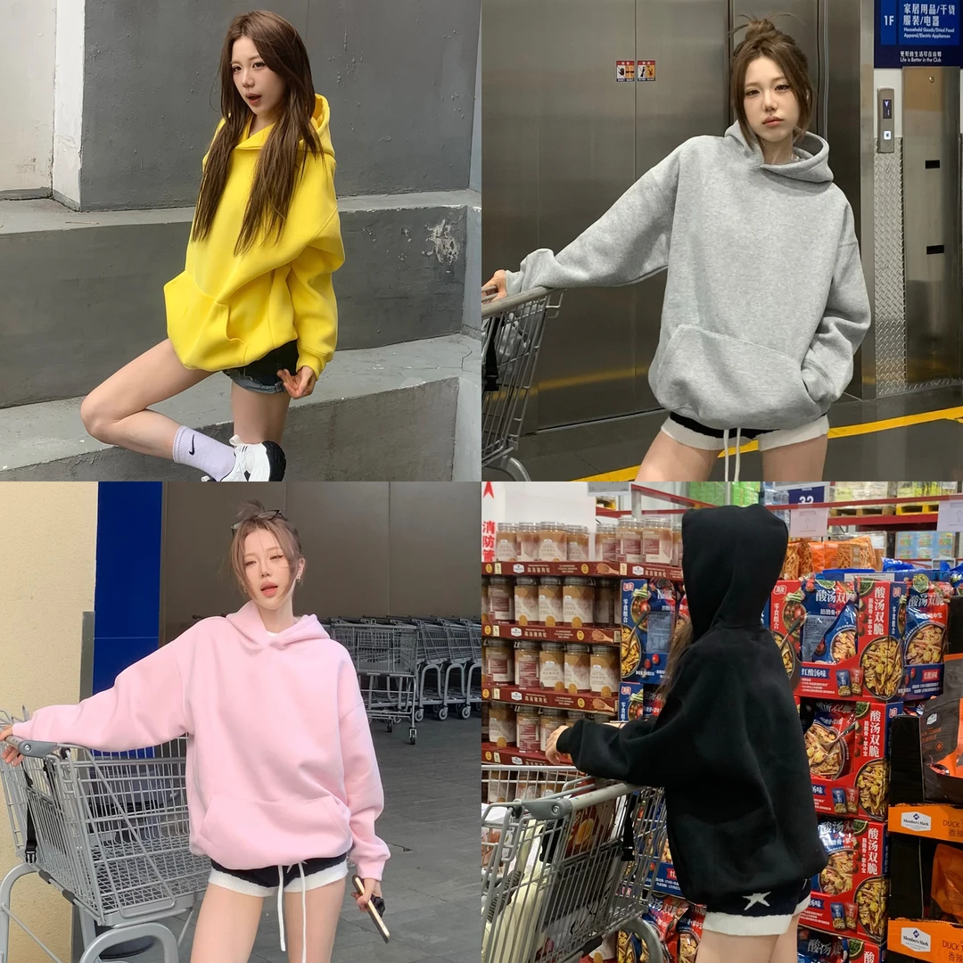 美式复古连帽卫衣女秋季松弛感Ovresize大版型宽松休闲纯色上衣