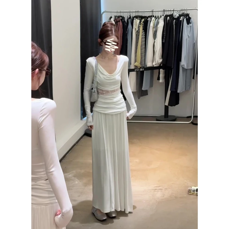 2025夏季新款女韩系穿搭修身短款V领长袖上衣气质高腰褶皱半身裙