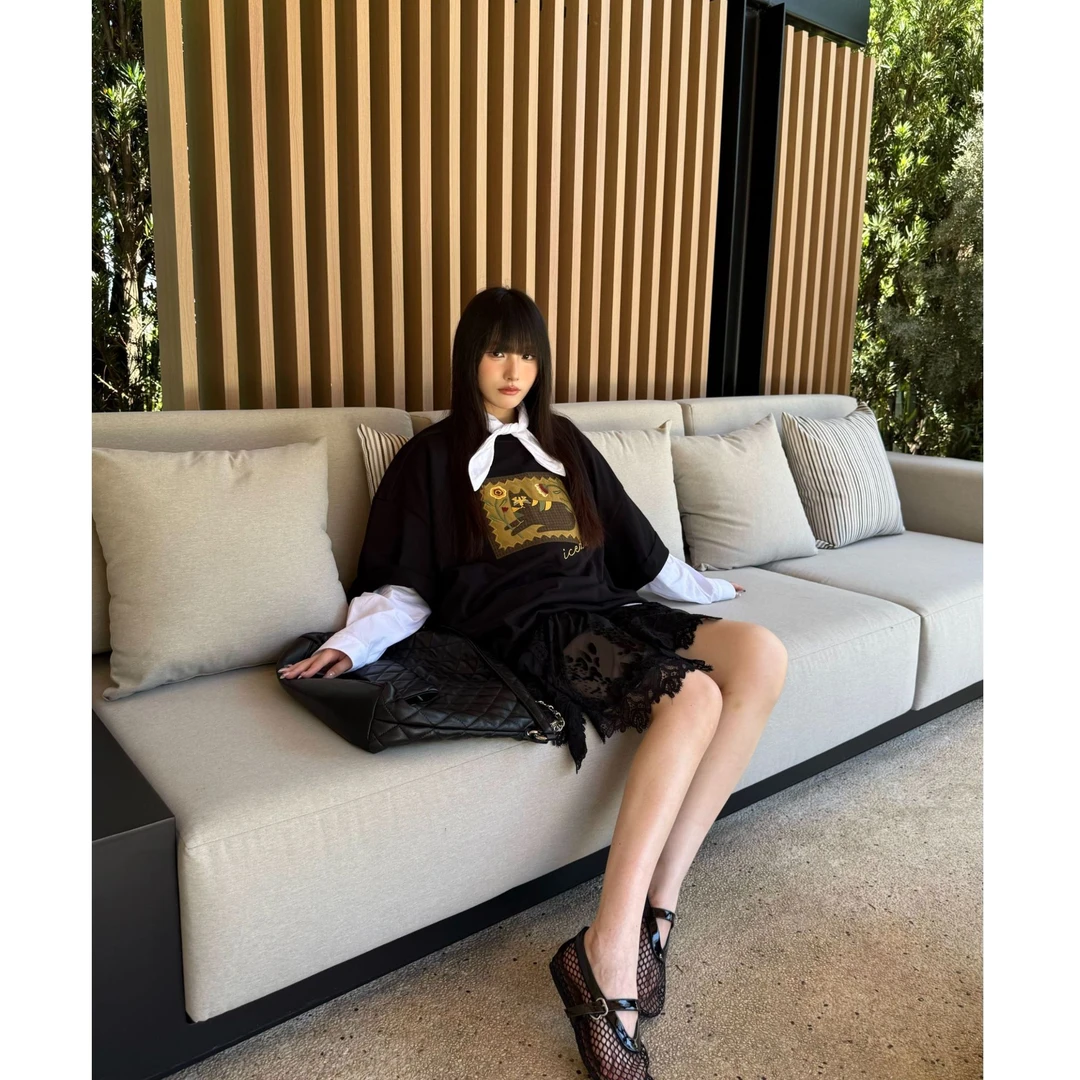 ICEDUST 猫咪贴布绣短袖T恤女25PF秋季新款宽松圆领百搭上衣IINC