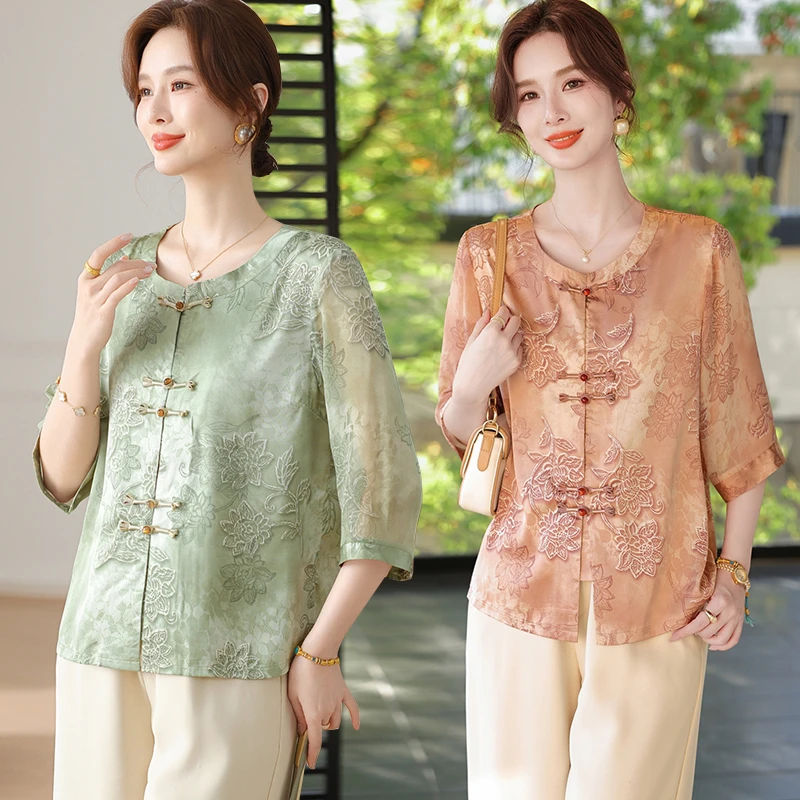 妈妈夏装中老年洋气上衣雪纺套装女时尚薄款气质短袖t恤衫两件套