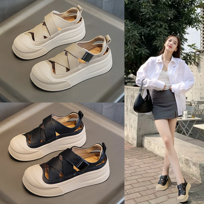 2024夏季新款牛皮凉拖女外穿舒适厚底镂空包头罗马凉鞋一脚蹬懒人