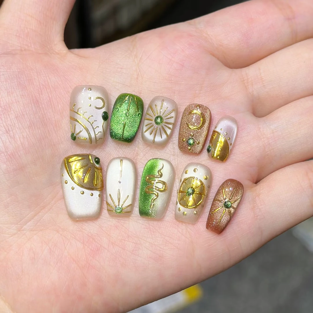 【太阳神】纯手工穿戴甲气质穿戴式梯形光疗甲美甲师春夏新品