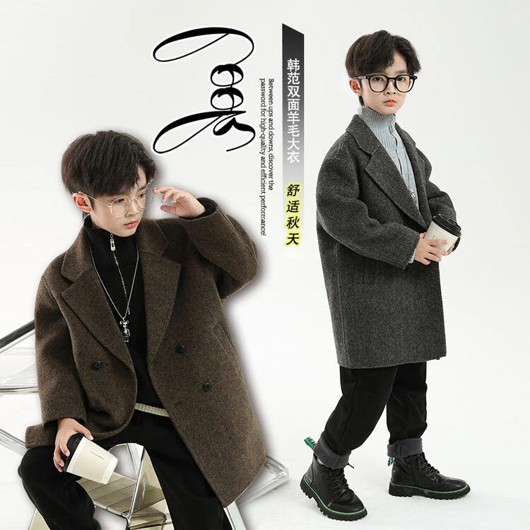 童装男童西装外套加厚秋冬新款中大童洋气儿童宽松羊毛呢子大衣