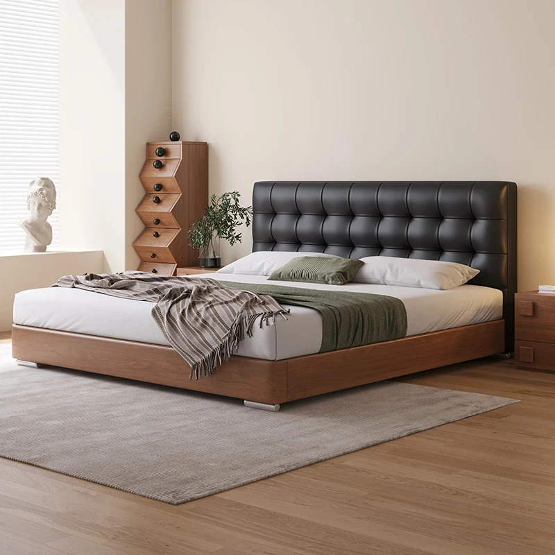 中古风华夫格双人床真皮床意式极简主卧床复古齐边实木床储物家具