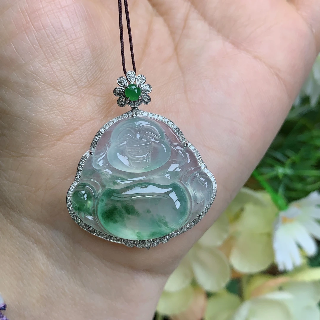 缅甸天然翡翠a货18k高冰起光飘花佛公吊坠李尺寸37.1/31.6/8.7mm