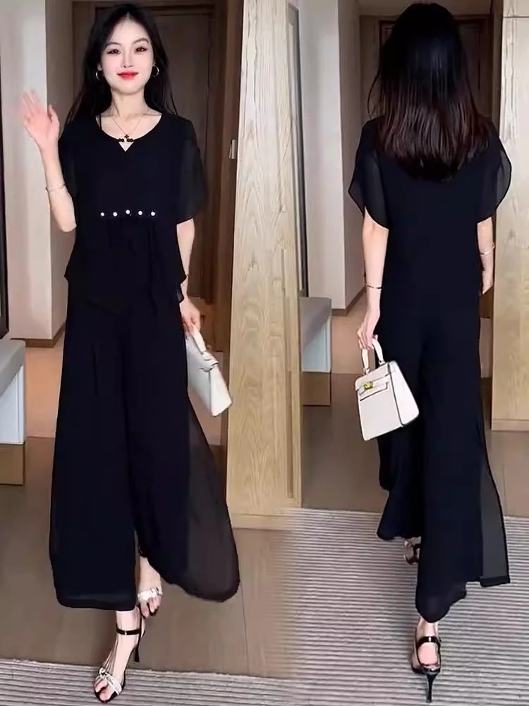 雪纺时尚套装女2025夏季新款洋气遮肉显瘦短袖上衣阔腿裤两件套潮