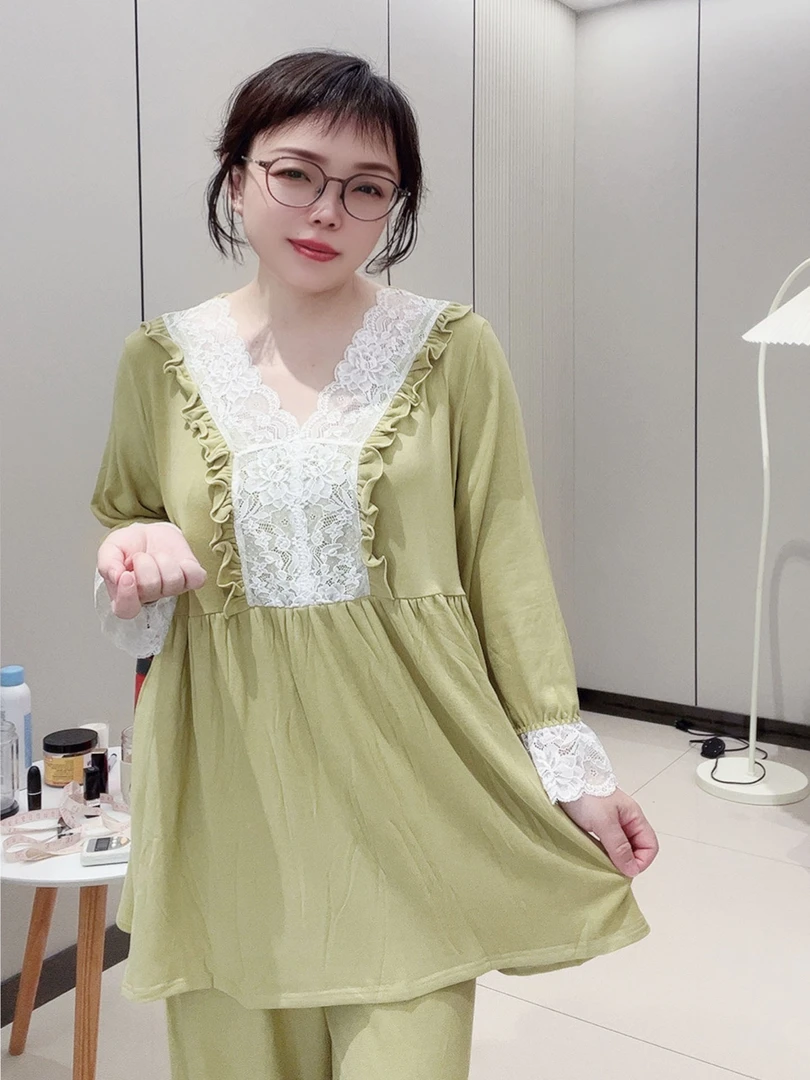 大码女士睡衣家居服套装舒适春秋蕾丝V领九分袖裤细螺纹