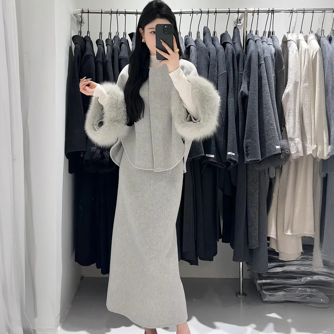 2025冬季优雅温柔淑女端庄圆领毛边宽松显瘦长袖上衣半身裙两件套