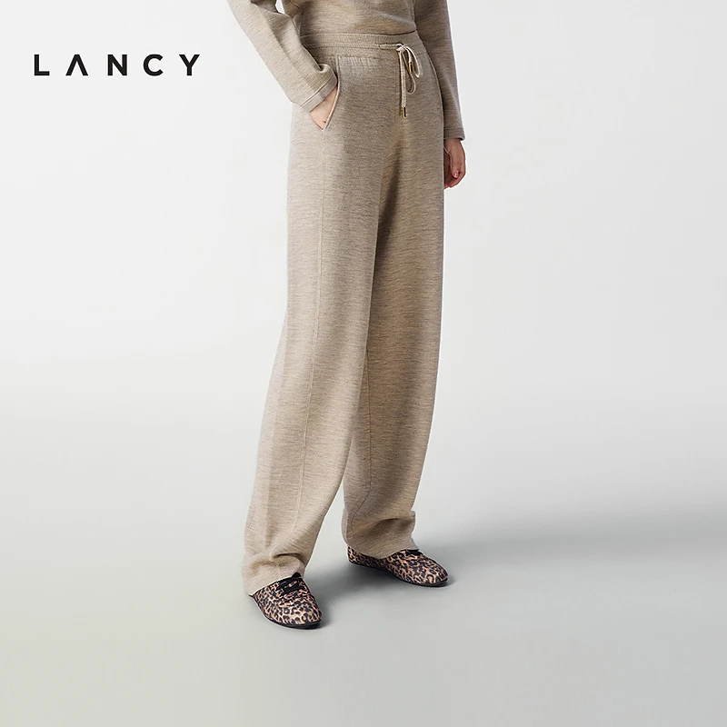 LANCY/朗姿2025冬季新款松弛感羊毛弯刀裤女秋时尚百搭抽绳休闲裤