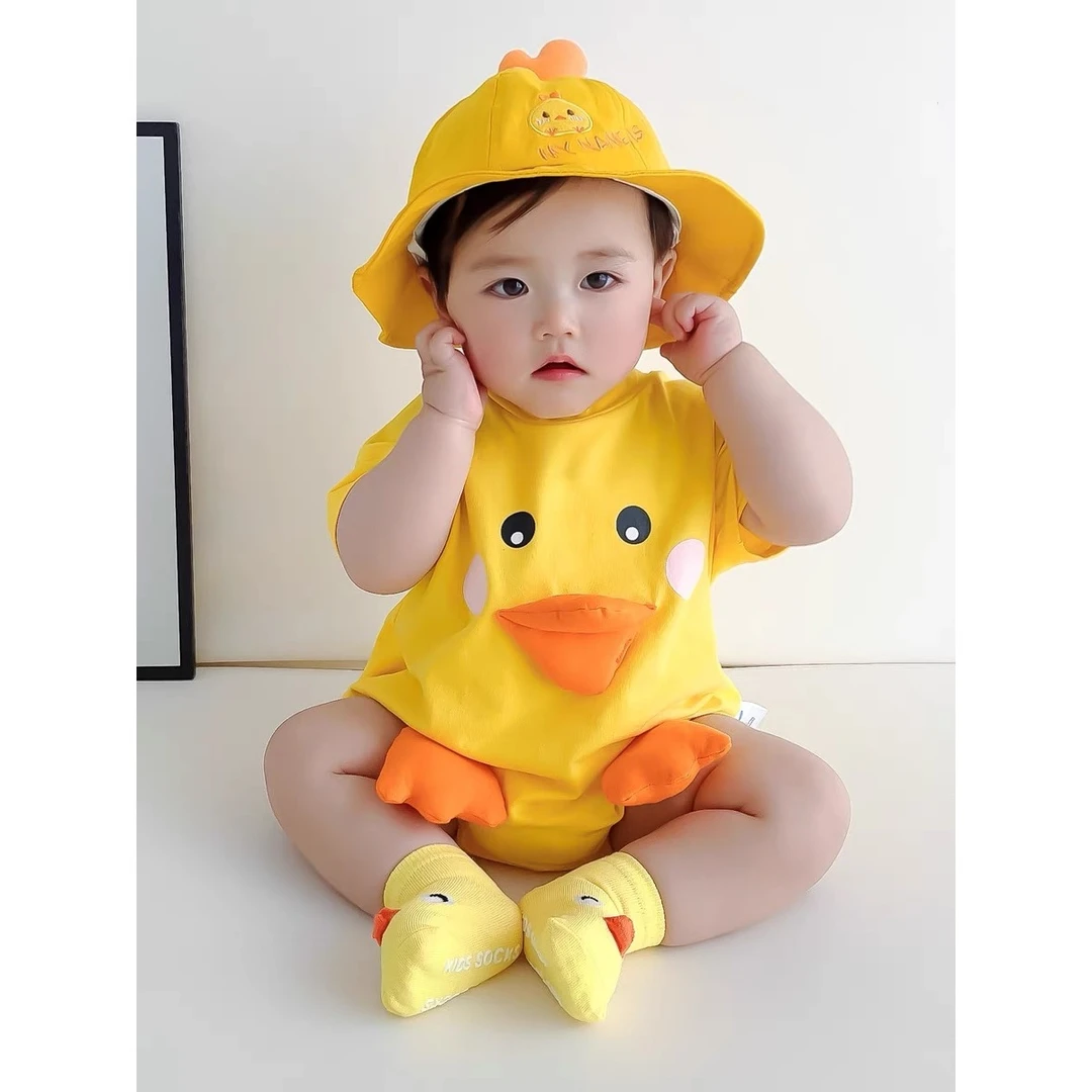 包屁衣婴儿夏季超萌可爱立体小黄鸭衣服宝宝夏装薄款三角连体衣哈