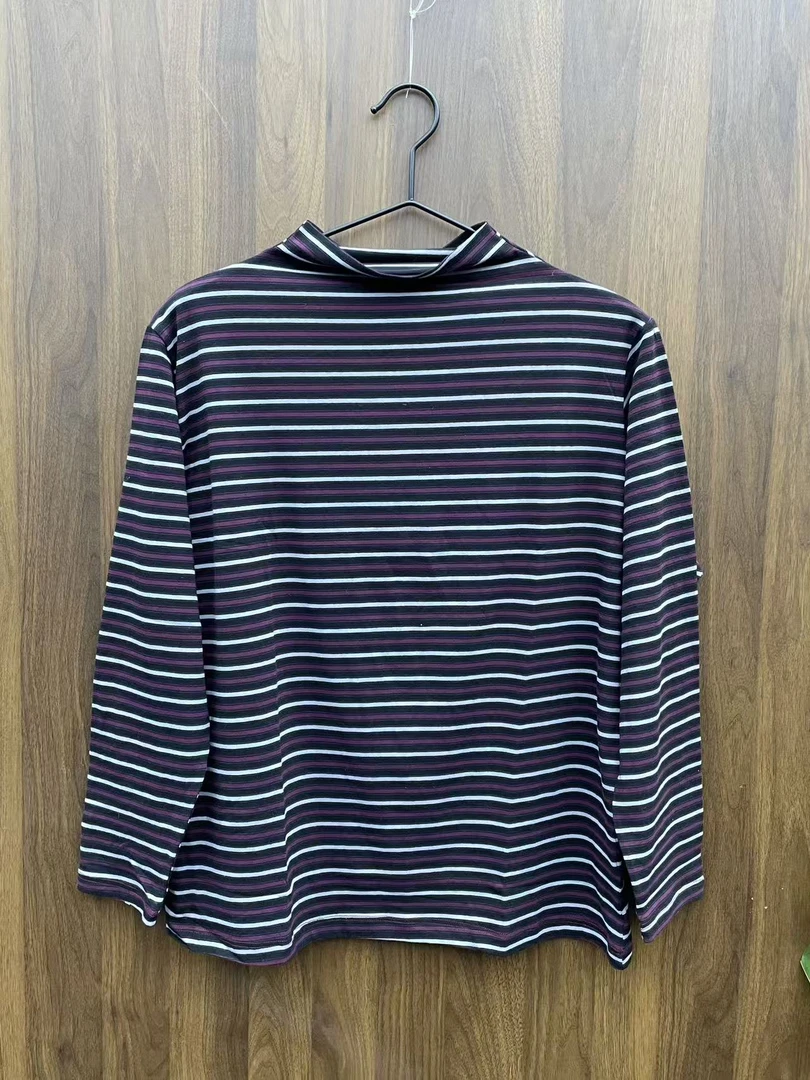 【新款】大码女士条纹T恤经典打底轻奢透气半高领长袖