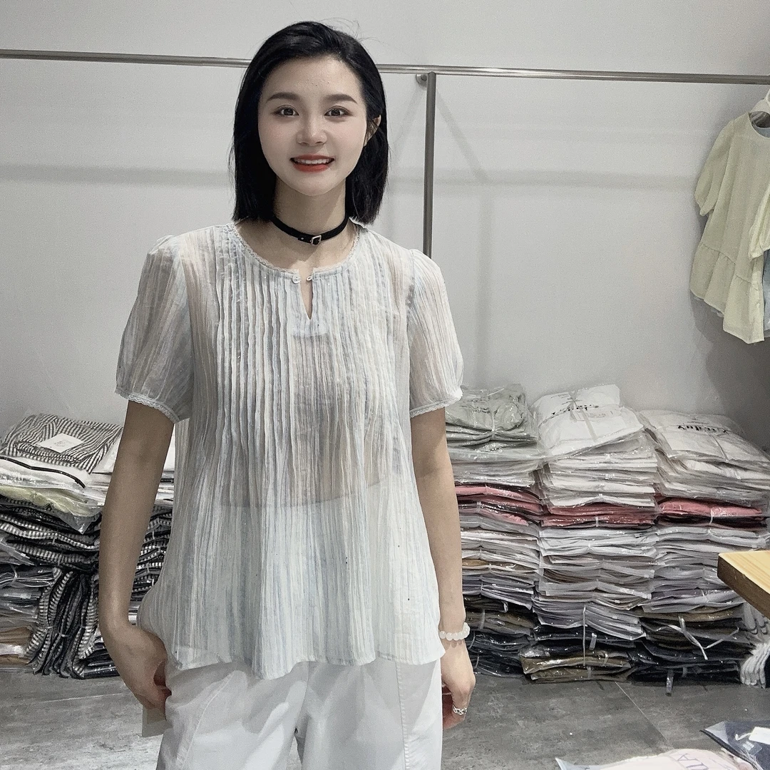 LMM 8897 文艺宽松慵懒棉质褶皱短袖白衬衫百搭小衫