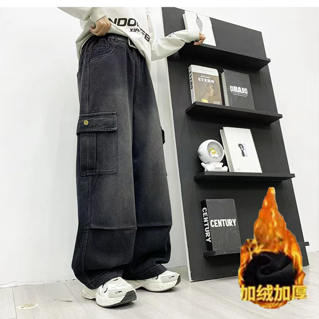 大童青少年加绒加厚牛仔休闲裤