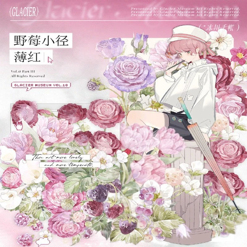 满18包邮冰川研究所野莓小径·薄红贝壳光分装特材拼贴手帐胶带