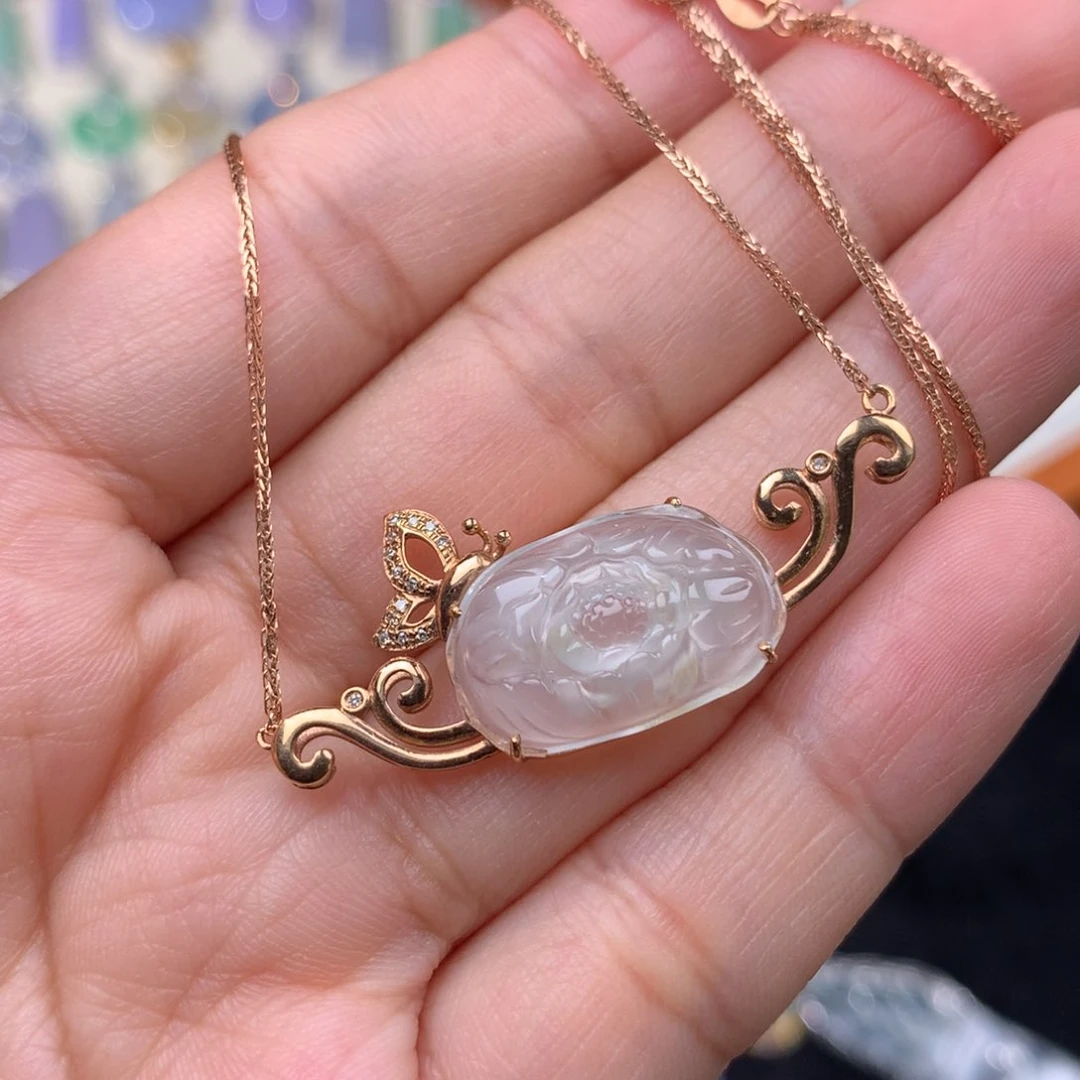 翡翠18K金镶嵌套链荷花锁骨链