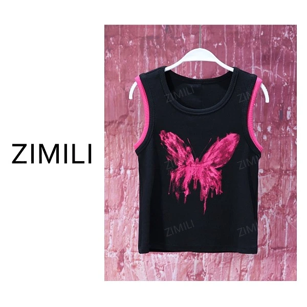 【亮哥女装】2025欧版简约暗夜黑蝴蝶水印时尚休闲高弹背心9298-B8