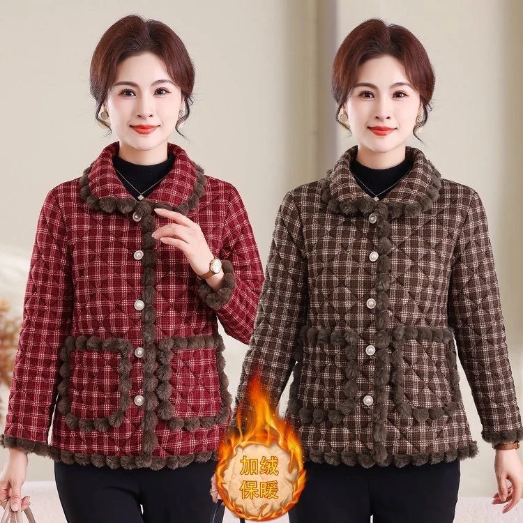 俞兆林妈妈秋冬加绒加厚小棉袄外套中老年奶奶秋装新款棉衣短款格