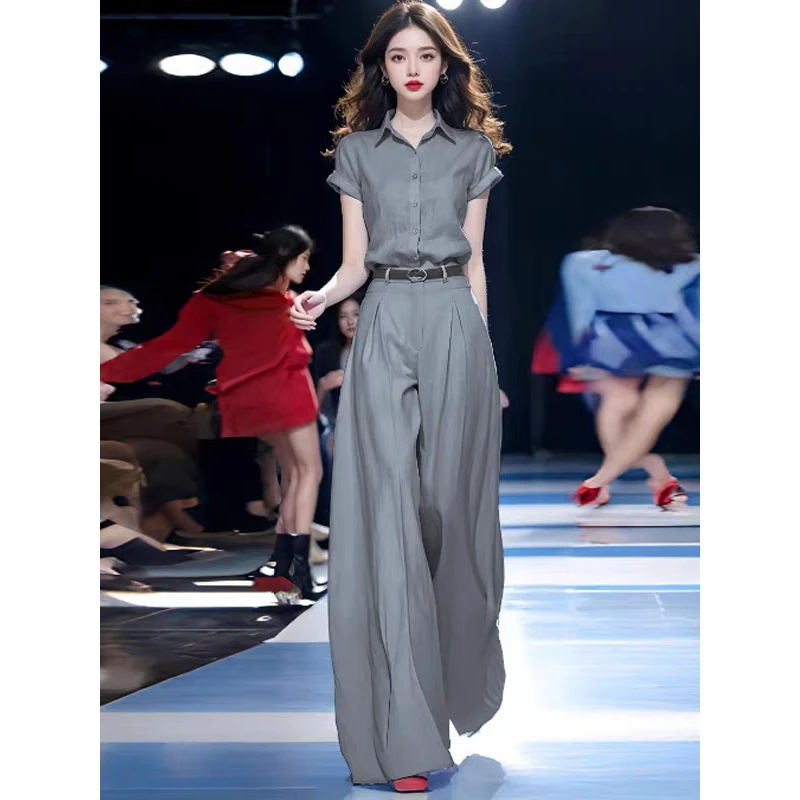 【8798套装-YR】2025夏季新款洋气时髦短袖衬衫高腰阔腿裤两件套