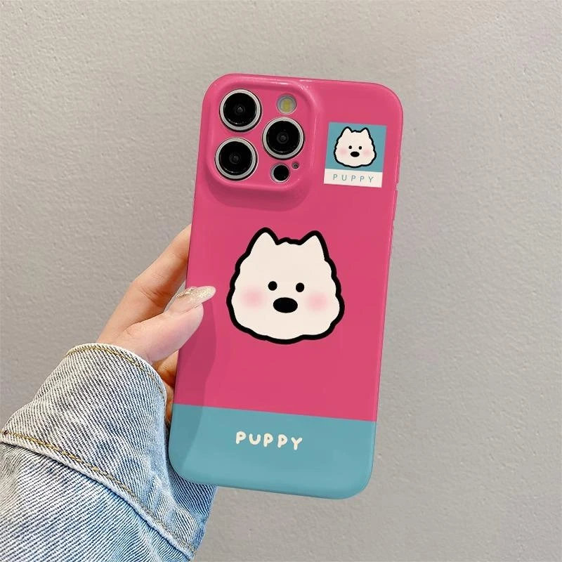 奥菲顿蓝粉撞色小白狗适用iphone16菲林手机壳华为vivo小米oppo套