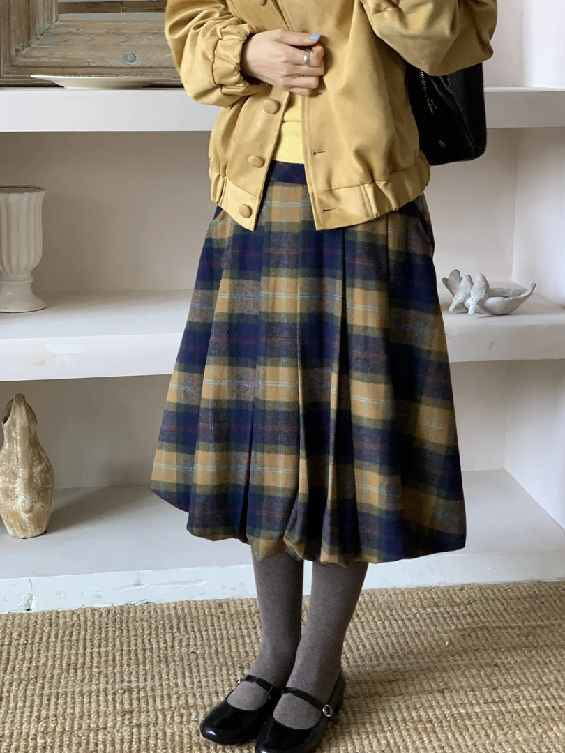 秋屿頔moment 自制 复古百搭花苞格子半身裙