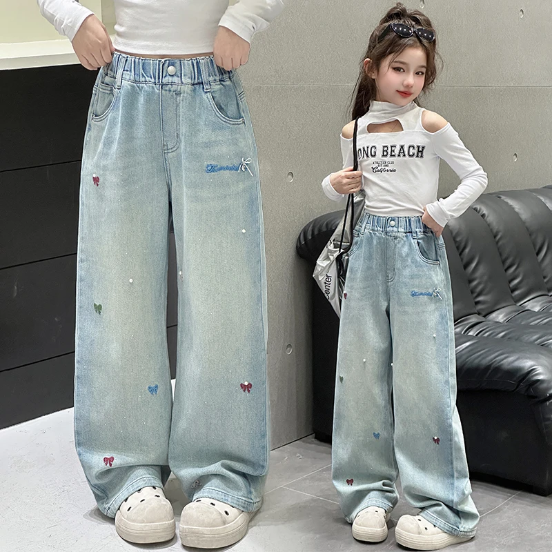 女童春秋款裤子女孩大儿童装洋气休闲阔腿直筒牛仔春装6-12岁长裤