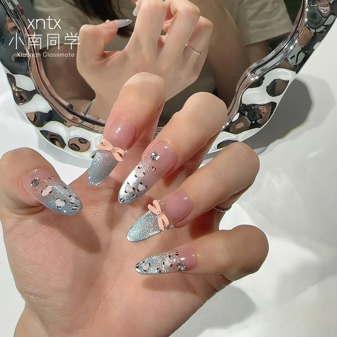 手工美甲穿戴甲杏仁甲夏日法式富家千金蓝色猫眼甲片显白指甲贴片