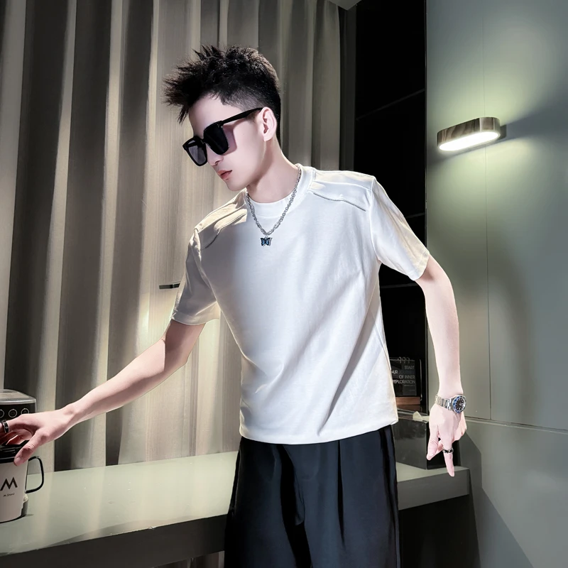 高级感男装夏季短袖T恤2025新款拼接半袖潮牌圆领体恤休闲上衣服