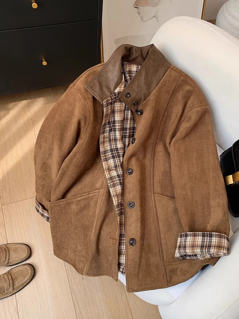 秋冬新款美拉德风时尚气质百搭休闲复古拼接翻领麂皮绒宽松外套女