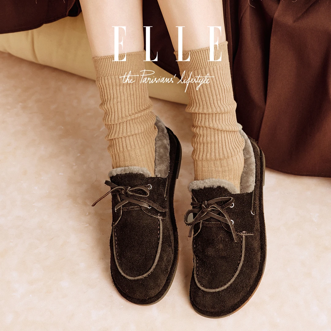 ELLE2025新款保暖毛毛鞋女冬季绑带羊羔毛豆豆鞋一脚蹬咖色乐福鞋