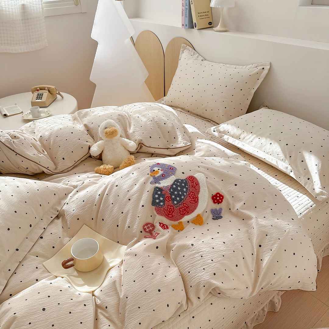 卡通木棉砂洗毛巾绣毛巾绣被芯床盖四件套四季床品套件学生小清新