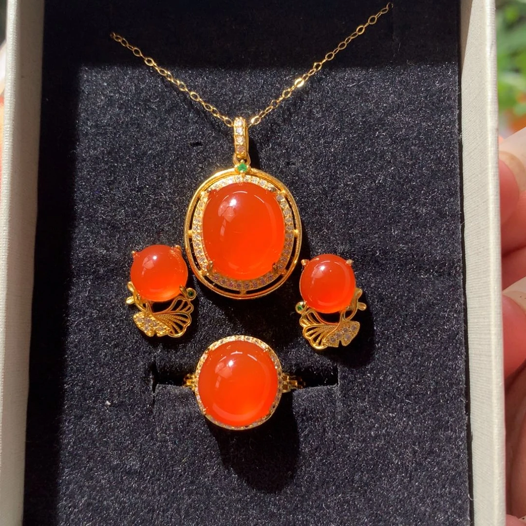 南红玛瑙原矿南红小庄冰红三件套银S925镶嵌