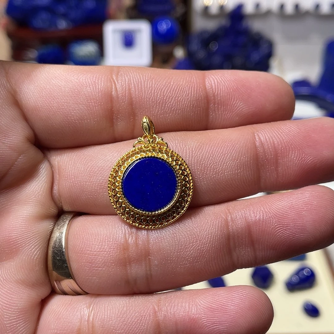 青金石银S925镀金镶嵌圆牌吊坠（含银链）