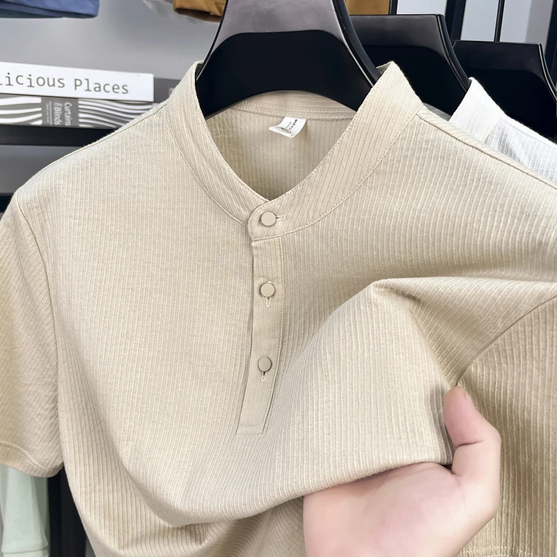 罗蒙高端立领短袖T恤男士夏季2025新款休闲纯色薄款打底上衣潮流