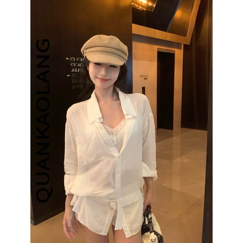 慵懒宽松腰带衬衫蕾丝拼接吊带背心两件套