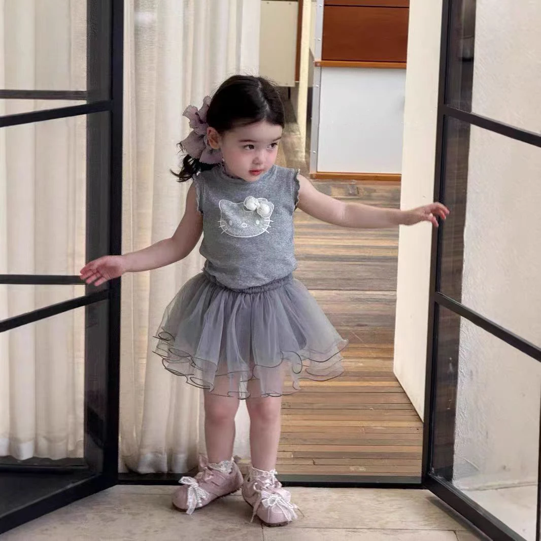 女童夏装洋气两件套女孩宝宝纱网短裙子夏季猫咪贴布甜美无袖上衣