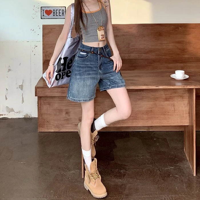 复古蓝阔腿牛仔四分短裤女2025年夏季薄款高腰显瘦水洗百搭直筒裤